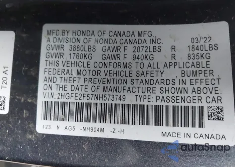 2022 Honda Civic Sport z USA, uszkodzony, nr VIN 2HGFE2F57NH573749